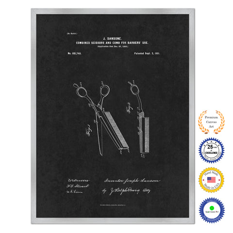 1901 Combined Scissors and Comb for Barbers Use Antique Patent Artwork Silver Framed Canvas Home Office Decor Great Gift for Barber Salon Hair Stylist