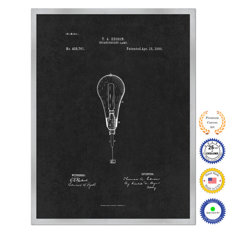 1890 Thomas Edison Incandescent Lamp Antique Patent Artwork Silver Framed Canvas Home Office Decor Great for Thomas Edison Lover Electrician Inventor