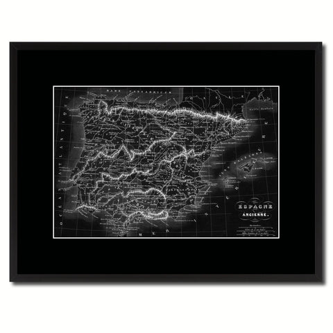 Spain Portugal Vintage Monochrome Map Canvas Print, Gifts Picture Frames Home Decor Wall Art