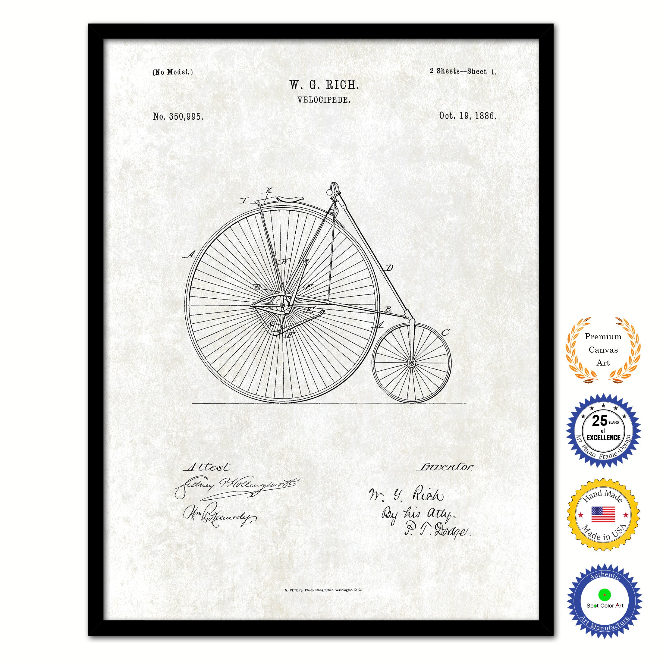1886 Velocipede Old Patent Art Print on Canvas Custom Framed Vintage Home Decor Wall Decoration Great for Gifts