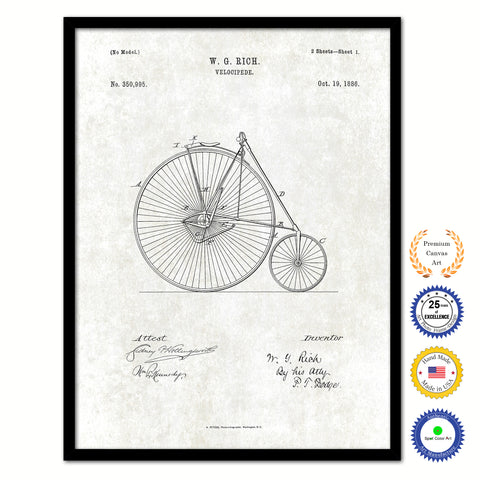 1886 Velocipede Old Patent Art Print on Canvas Custom Framed Vintage Home Decor Wall Decoration Great for Gifts