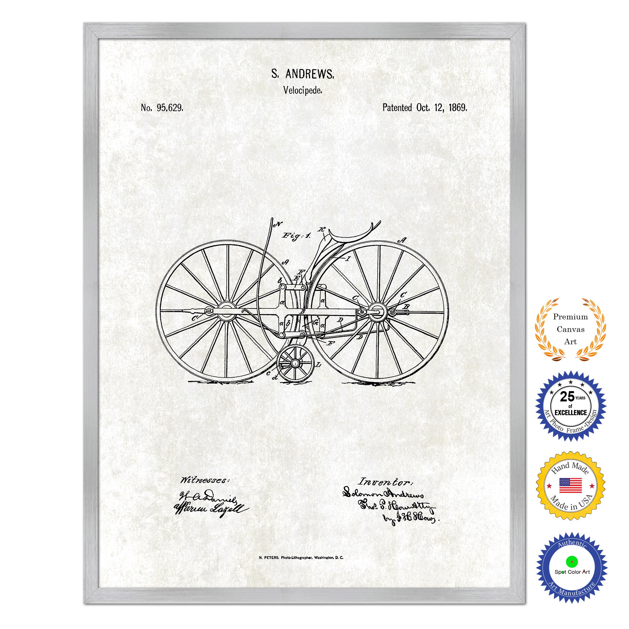 1869 Velocipede Old Patent Art Print on Canvas Custom Framed Vintage Home Decor Wall Decoration Great for Gifts