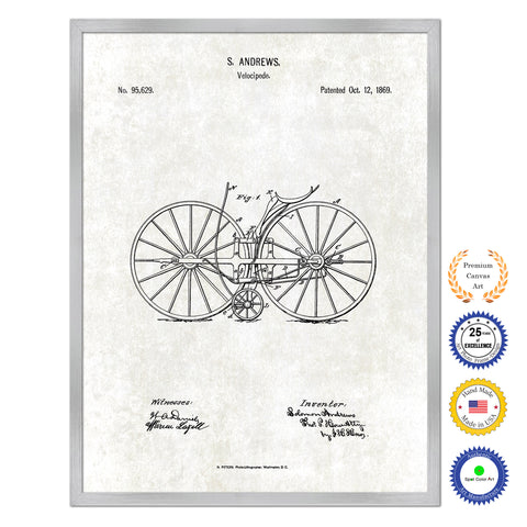 1869 Velocipede Old Patent Art Print on Canvas Custom Framed Vintage Home Decor Wall Decoration Great for Gifts