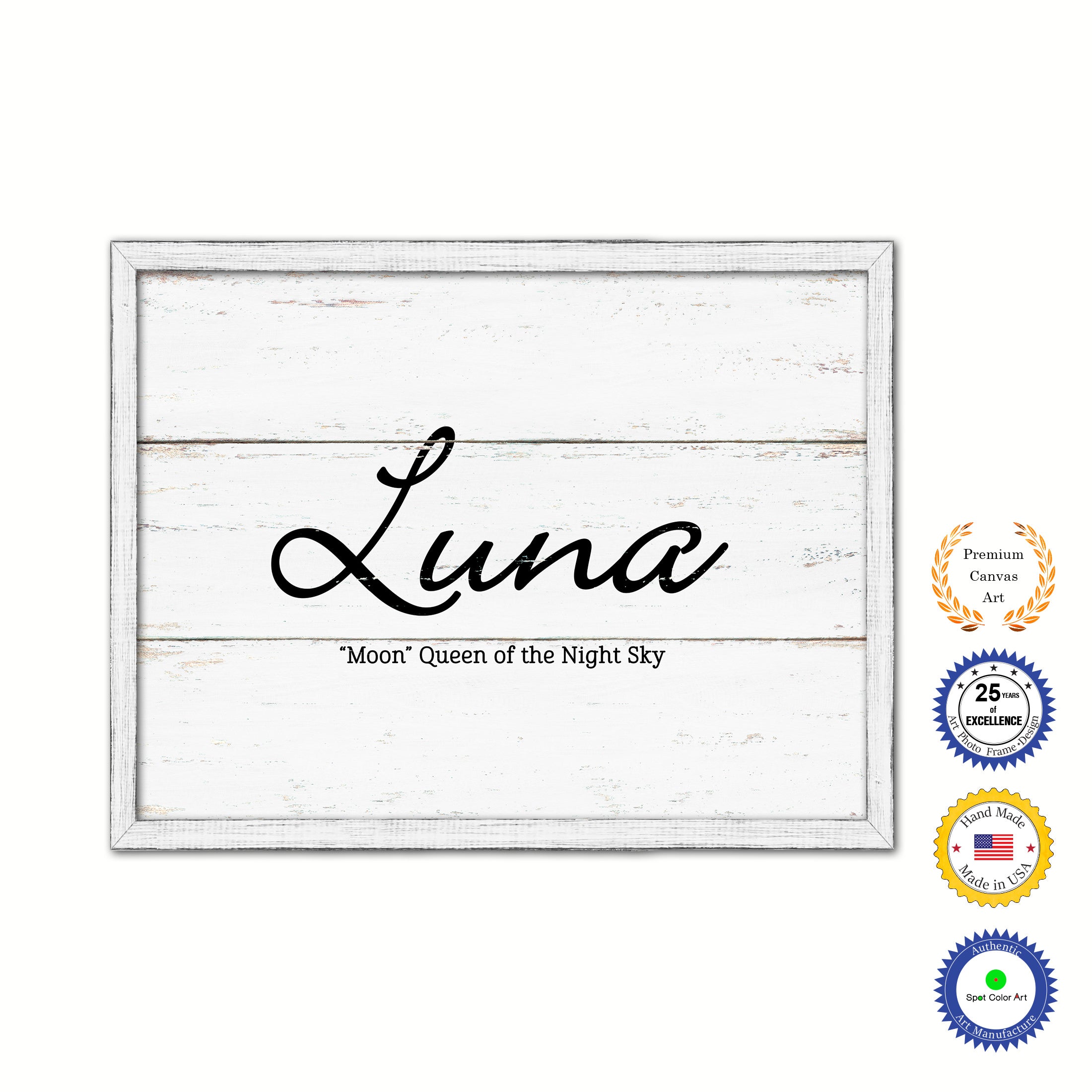 Luna Name Plate White Wash Wood Frame Canvas Print Boutique Cottage Decor Shabby Chic