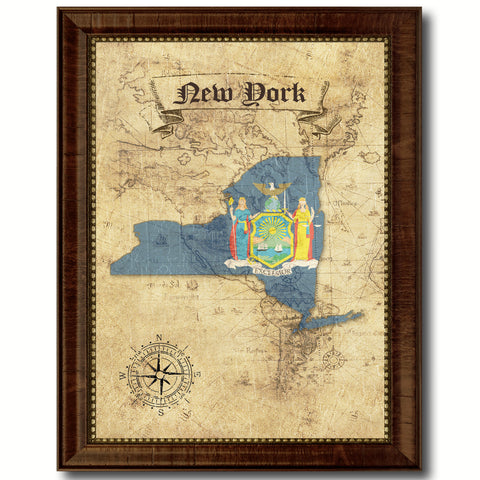 New York State Flag Canvas Print with Custom Brown Picture Frame Home Decor Wall Art Decoration Gifts