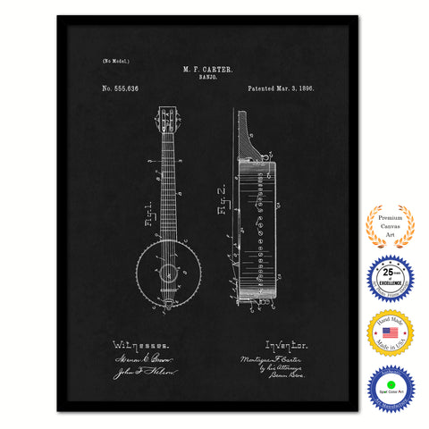 1896 Banjo Old Patent Art Print on Canvas Custom Framed Vintage Home Decor Wall Decoration Great for Gifts