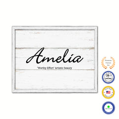 Amelia Name Plate White Wash Wood Frame Canvas Print Boutique Cottage Decor Shabby Chic