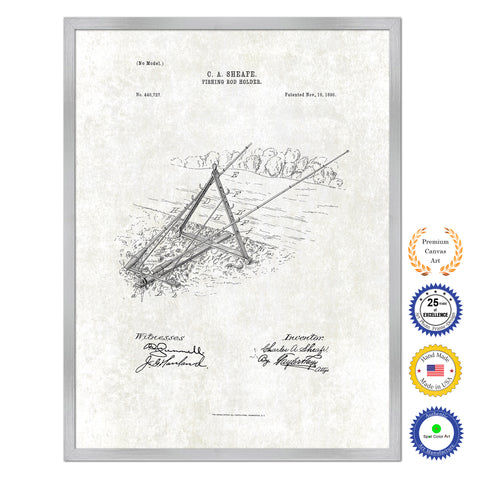 1890 Fishing Rod Holder Antique Patent Artwork Silver Framed Canvas Print Home Office Decor Great for Fisherman Cabin Lake House