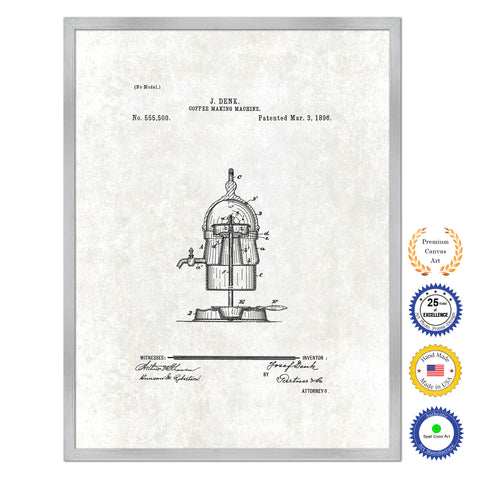 1896 Coffee Maker Machine Antique Patent Artwork Silver Framed Canvas Print Home Office Decor Great for Coffee Spice Lover Cafe Shop