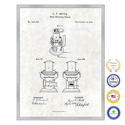 1901 Base Burning Stove Old Patent Art Print on Canvas Custom Framed Vintage Home Decor Wall Decoration Great for Gifts