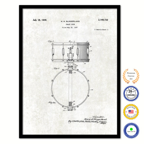 1939 Snare Drum Old Patent Art Print on Canvas Custom Framed Vintage Home Decor Wall Decoration Great for Gifts