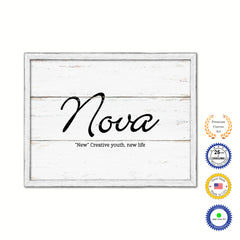 Nova Name Plate White Wash Wood Frame Canvas Print Boutique Cottage Decor Shabby Chic