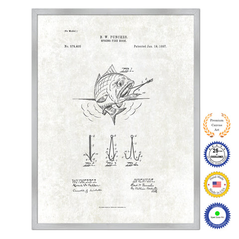 1897 Fishing Spring Fish Hook Antique Patent Artwork Silver Framed Canvas Print Home Office Decor Great for Fisherman Cabin Lake House