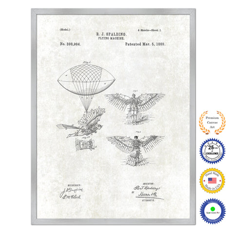 1889 Flying Machine Antique Patent Artwork Silver Framed Canvas Print Home Office Decor Great for Pilot Gift