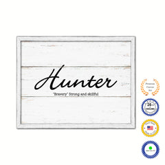 Hunter Name Plate White Wash Wood Frame Canvas Print Boutique Cottage Decor Shabby Chic