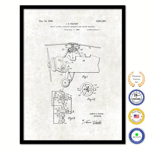 1940 Remote Control Steering Apparatus for Flying Machine Airplane Vintage Patent Artwork Black Framed Canvas Print Home Office Decor Great for Pilot Gift