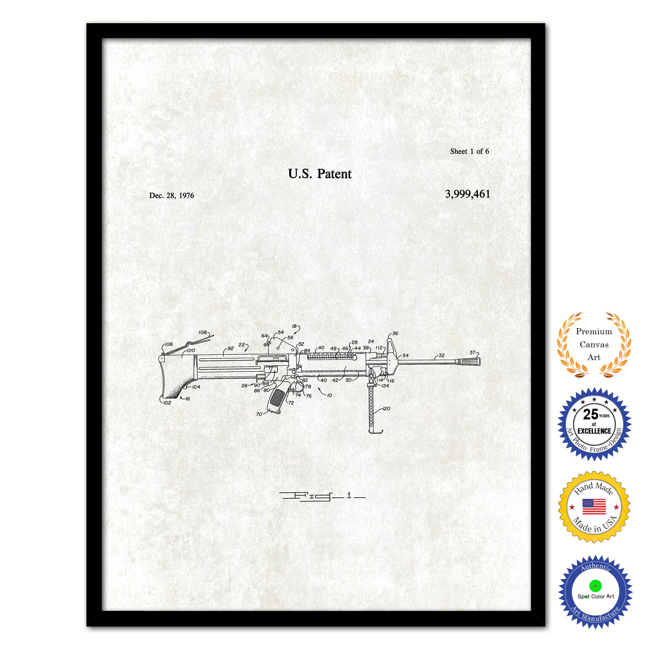 1976 Modular lightweight squad automatic weapon system Old Patent Art Print on Canvas Custom Framed Vintage Home Decor Wall Decoration Great for Gifts