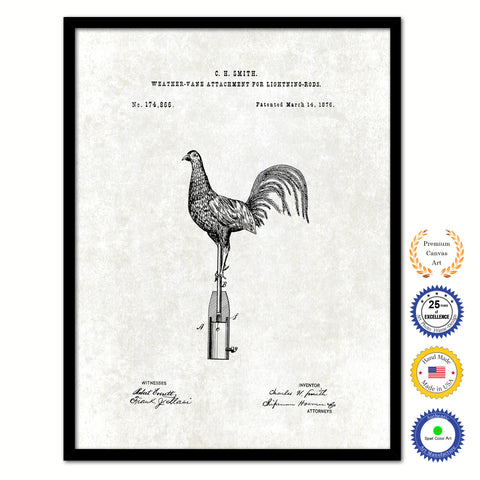 1876 Farming Weather Vane Attachment for Lightning Rods Vintage Patent Artwork Black Framed Canvas Print Home Office Decor Great for Farmer Milk Lover Cattle Rancher
