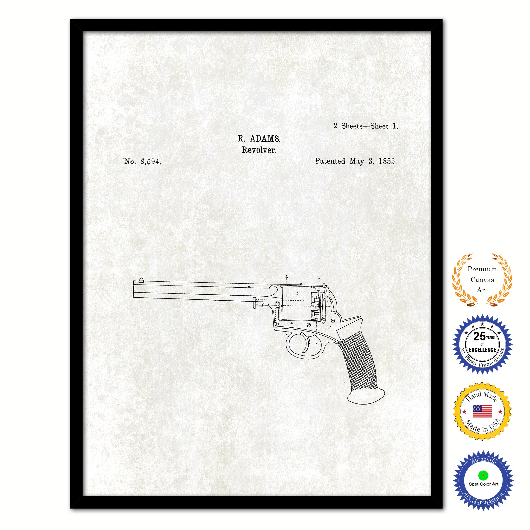 1853 Gun Revolver Old Patent Art Print on Canvas Custom Framed Vintage Home Decor Wall Decoration Great for Gifts
