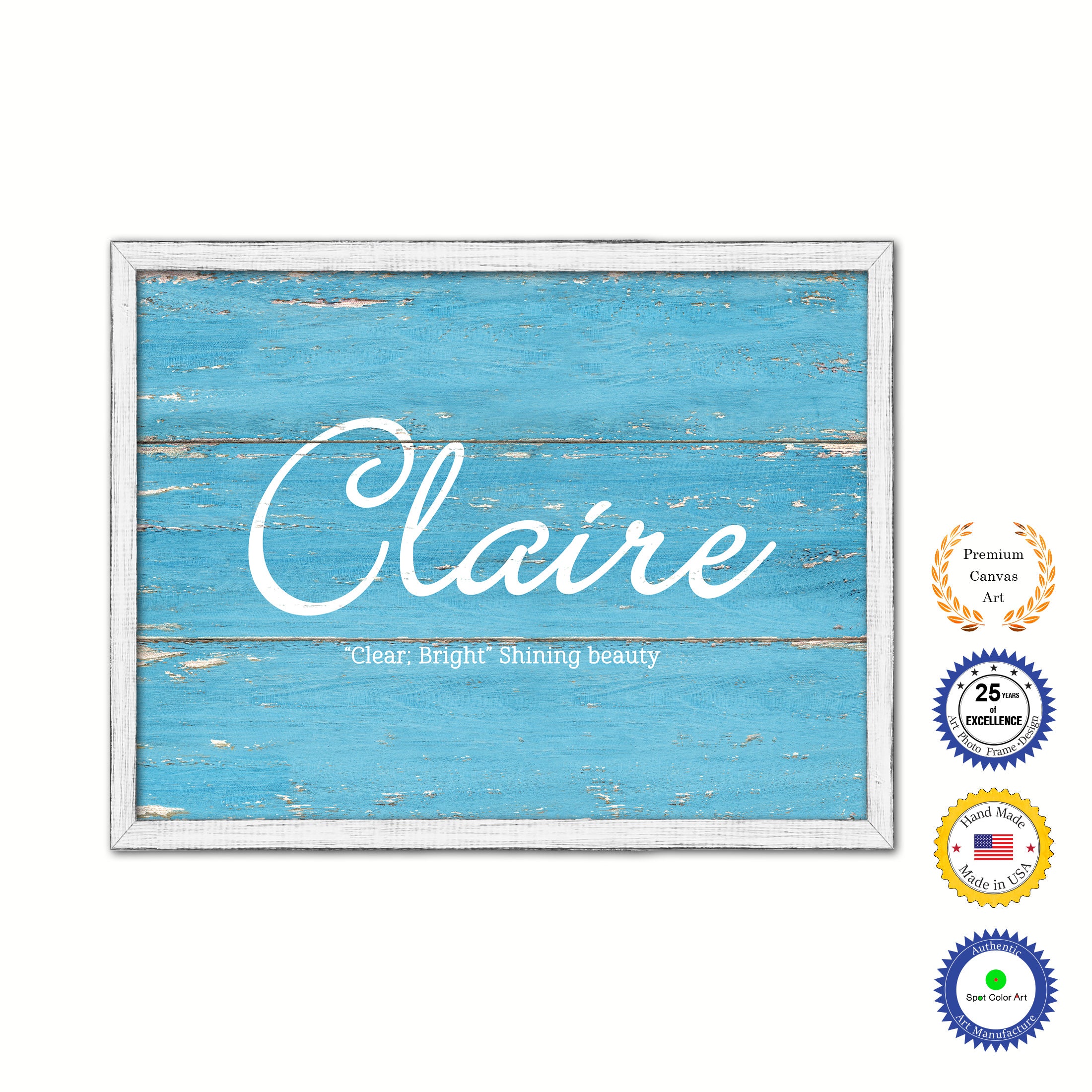 Claire Name Plate White Wash Wood Frame Canvas Print Boutique Cottage Decor Shabby Chic