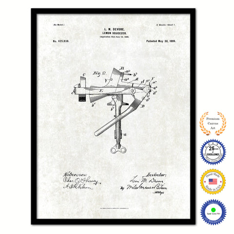 1899 Lemon Squeezer Old Patent Art Print on Canvas Custom Framed Vintage Home Decor Wall Decoration Great for Gifts