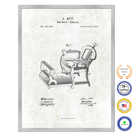1875 Barbers Chairs Antique Patent Artwork Silver Framed Canvas Print Home Office Decor Great Gift for Barber Salon Hair Stylist