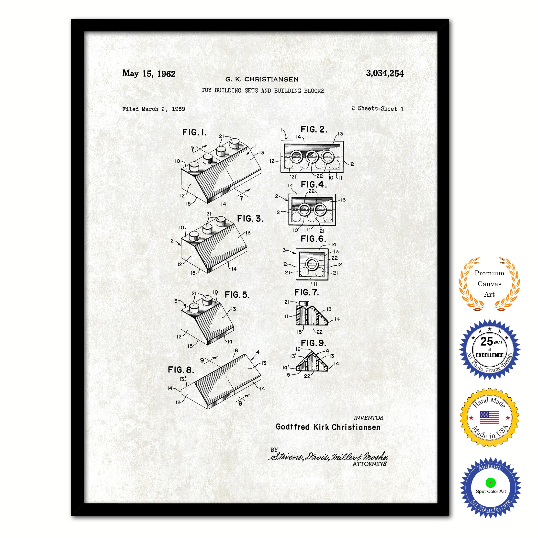 1962 Legos Building Sets and Blocks Old Patent Art Print on Canvas Custom Framed Vintage Home Decor Wall Decoration Great for Gifts