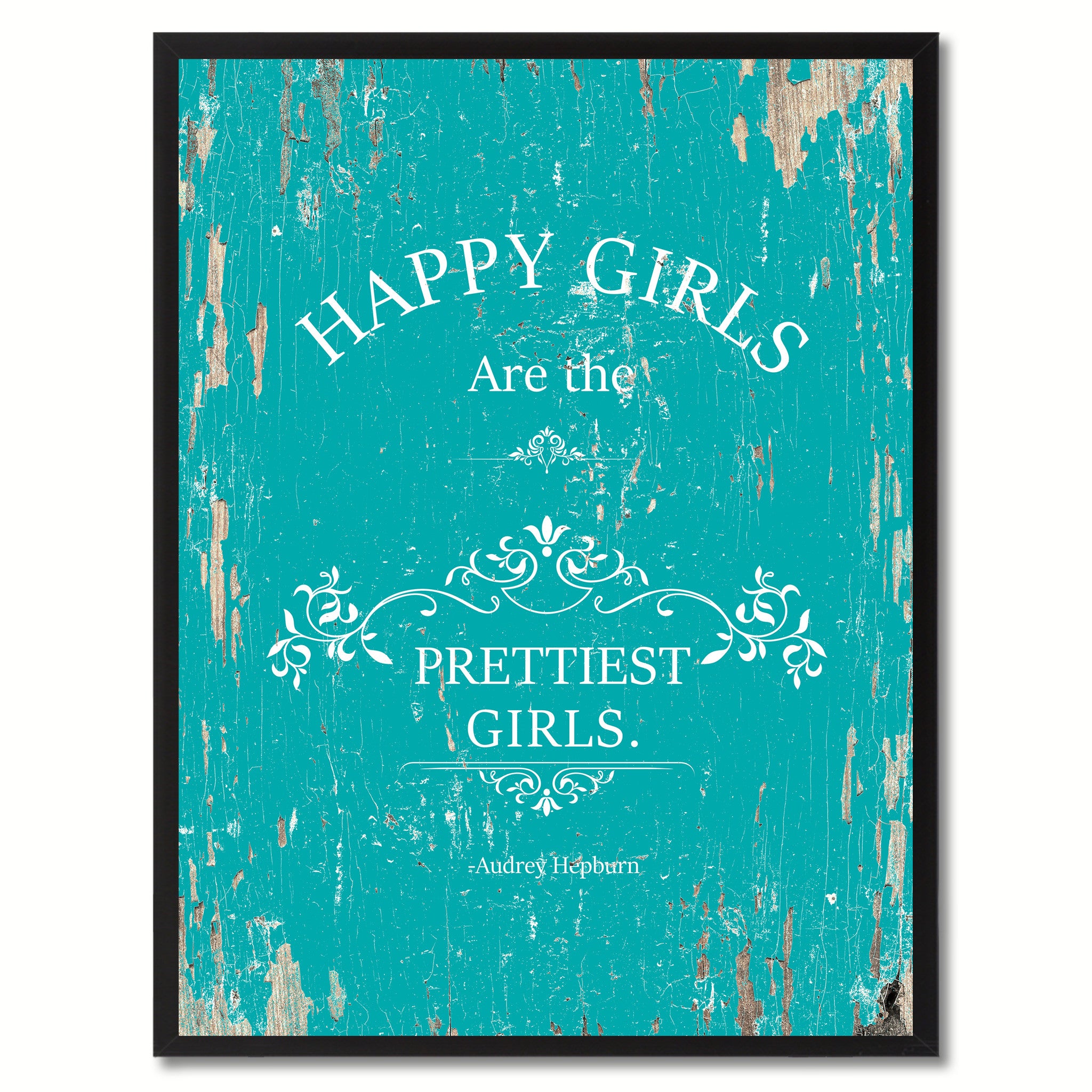 Happy girls are the prettiest girls - Audrey Hepburn Vintage Saying Gifts Home Decor Wall Art Canvas Print with Custom Picture Frame, Aqua