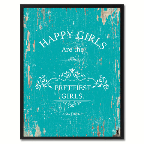 Happy girls are the prettiest girls - Audrey Hepburn Vintage Saying Gifts Home Decor Wall Art Canvas Print with Custom Picture Frame, Aqua