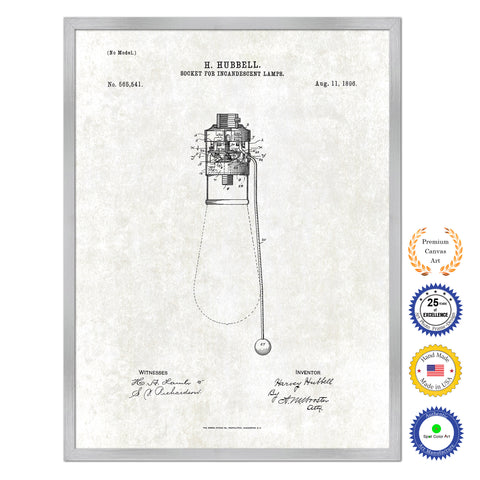 1896 Socket for Incandescent Lamps Old Patent Art Print on Canvas Custom Framed Vintage Home Decor Wall Decoration Great for Gifts
