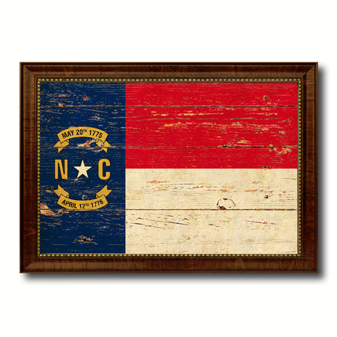 North Carolina State Vintage Flag Canvas Print with Brown Picture Frame Home Decor Man Cave Wall Art Collectible Decoration Artwork Gifts