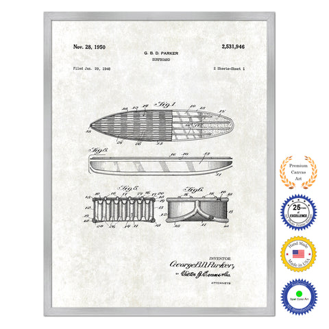 1950 Surfboard Old Patent Art Print on Canvas Custom Framed Vintage Home Decor Wall Decoration Great for Gifts