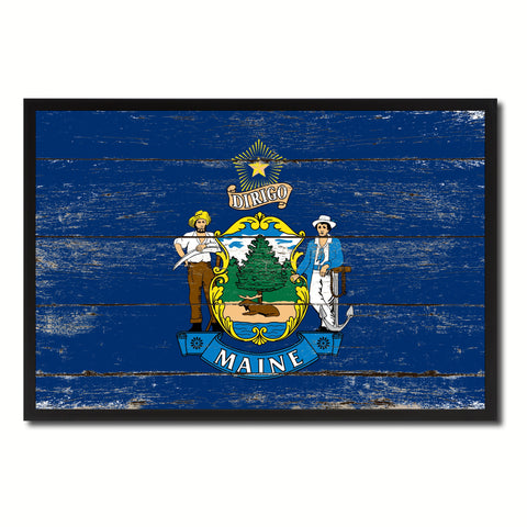 Maine State Flag Texture Canvas Print with Brown Picture Frame Gifts Home Decor Wall Art Collectible Decoration