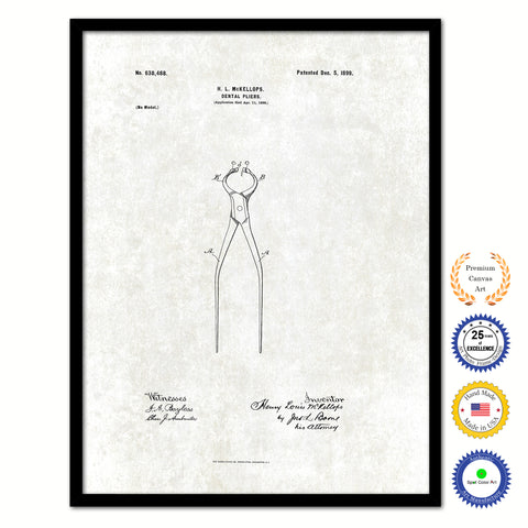 1899 Dentist Dental Pliers Vintage Patent Artwork Black Framed Canvas Print Home Office Decor Great for Dentist Orthodontist