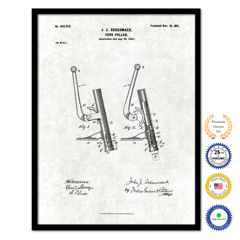 1901 Cork Puller Old Patent Art Print on Canvas Custom Framed Vintage Home Decor Wall Decoration Great for Gifts