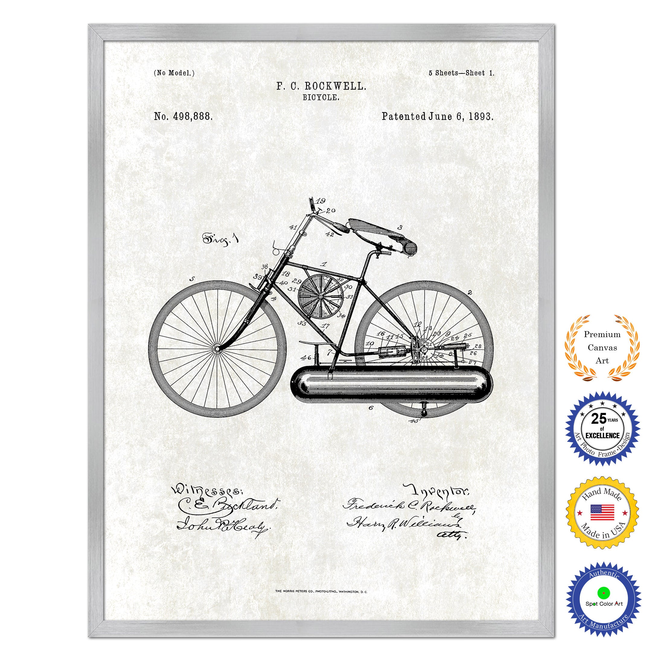 1893 Bicycle Old Patent Art Print on Canvas Custom Framed Vintage Home Decor Wall Decoration Great for Gifts
