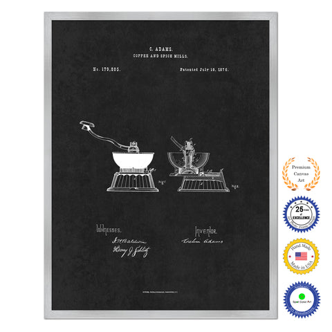 1876 Coffee and Spice Mills Antique Patent Artwork Silver Framed Canvas Home Office Decor Great for Coffee Spice Lover Cafe Shop