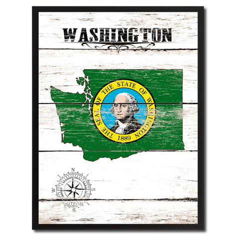 Washington State Vintage Flag Canvas Print with Brown Picture Frame Home Decor Man Cave Wall Art Collectible Decoration Artwork Gifts