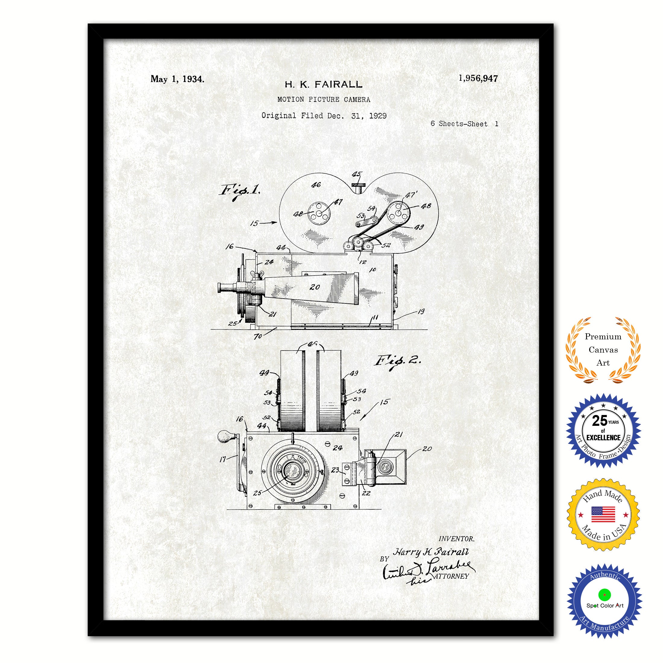 1934 Fairall Motion Picture Camera Old Patent Art Print on Canvas Custom Framed Vintage Home Decor Wall Decoration Great for Gifts