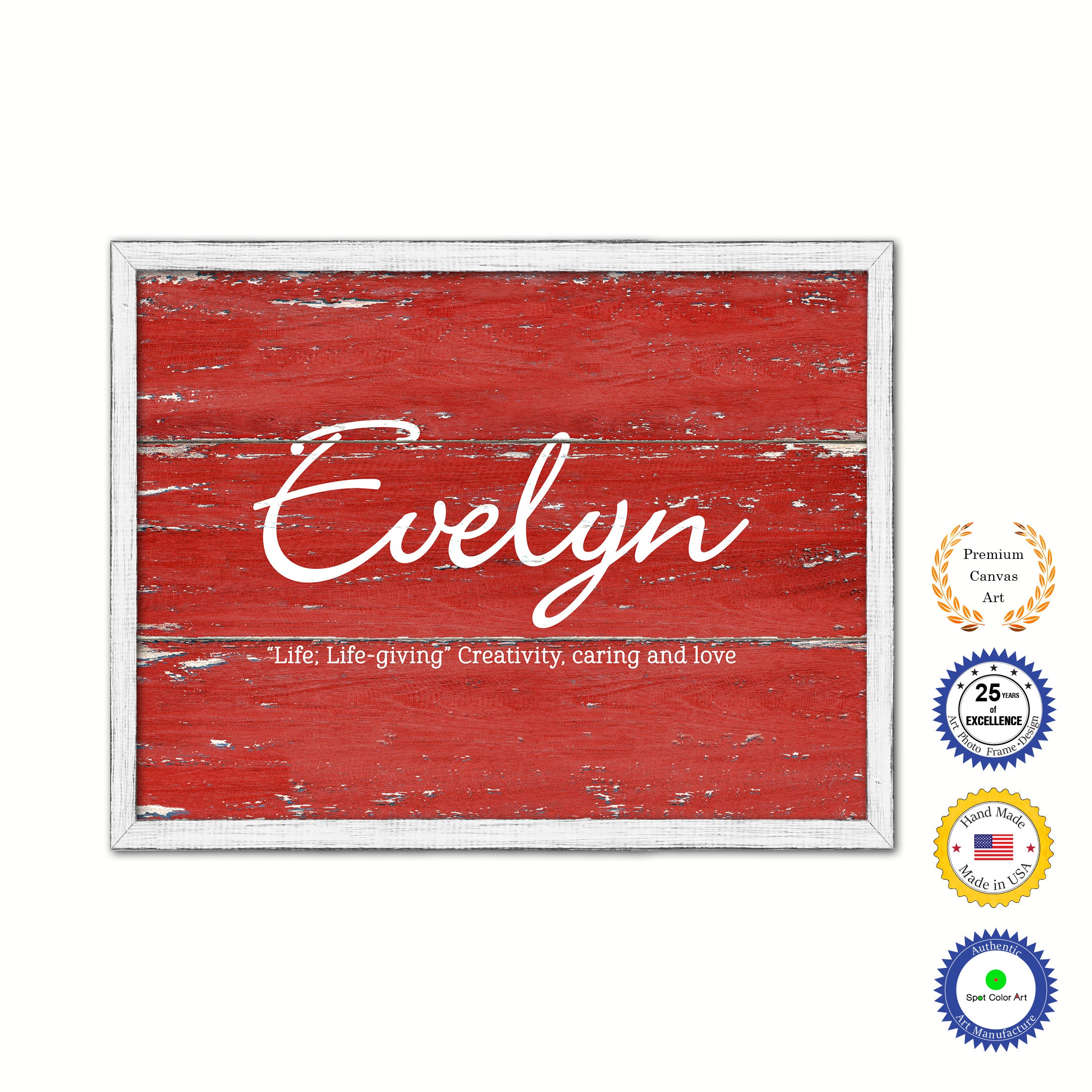 Evelyn Name Plate White Wash Wood Frame Canvas Print Boutique Cottage Decor Shabby Chic