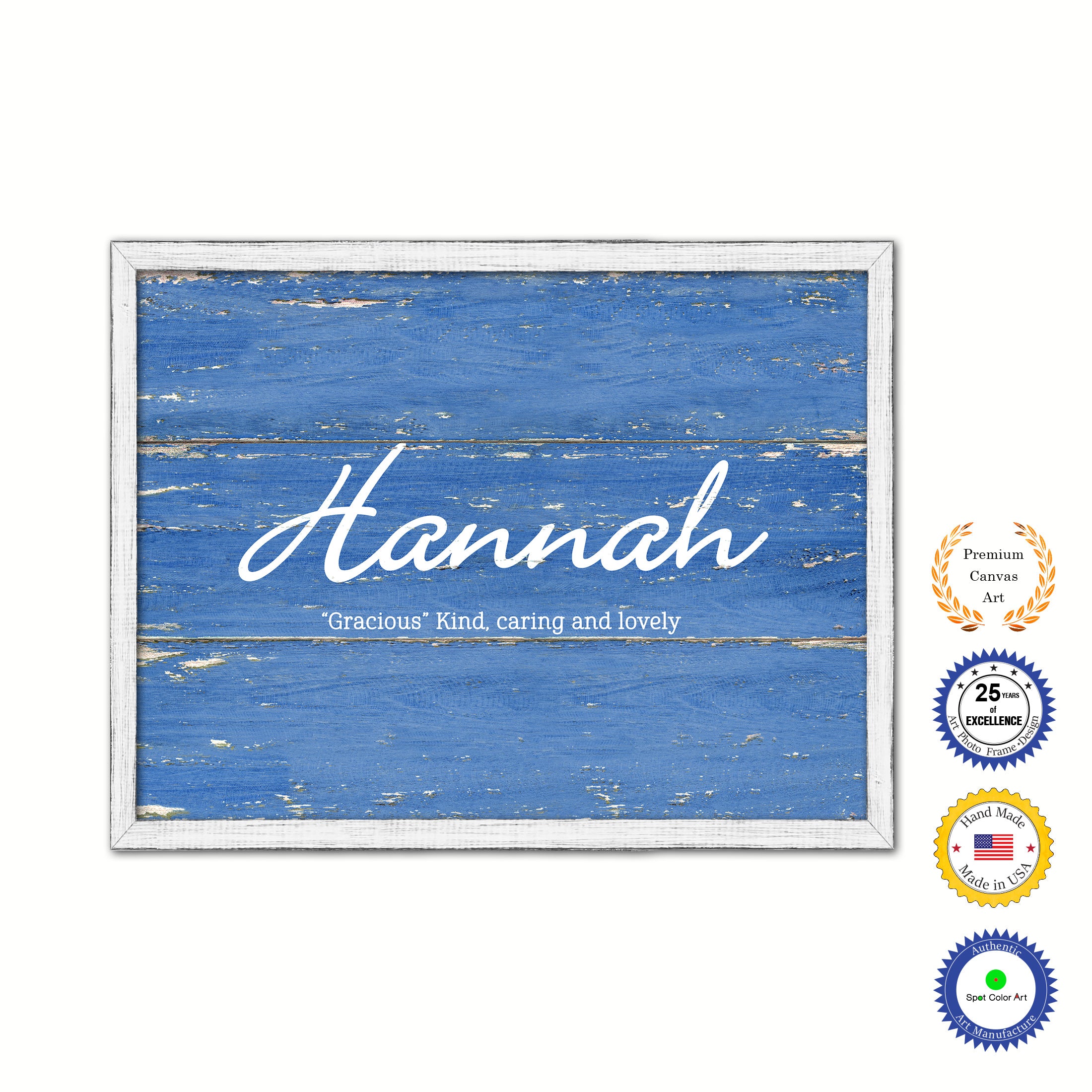Hannah Name Plate White Wash Wood Frame Canvas Print Boutique Cottage Decor Shabby Chic