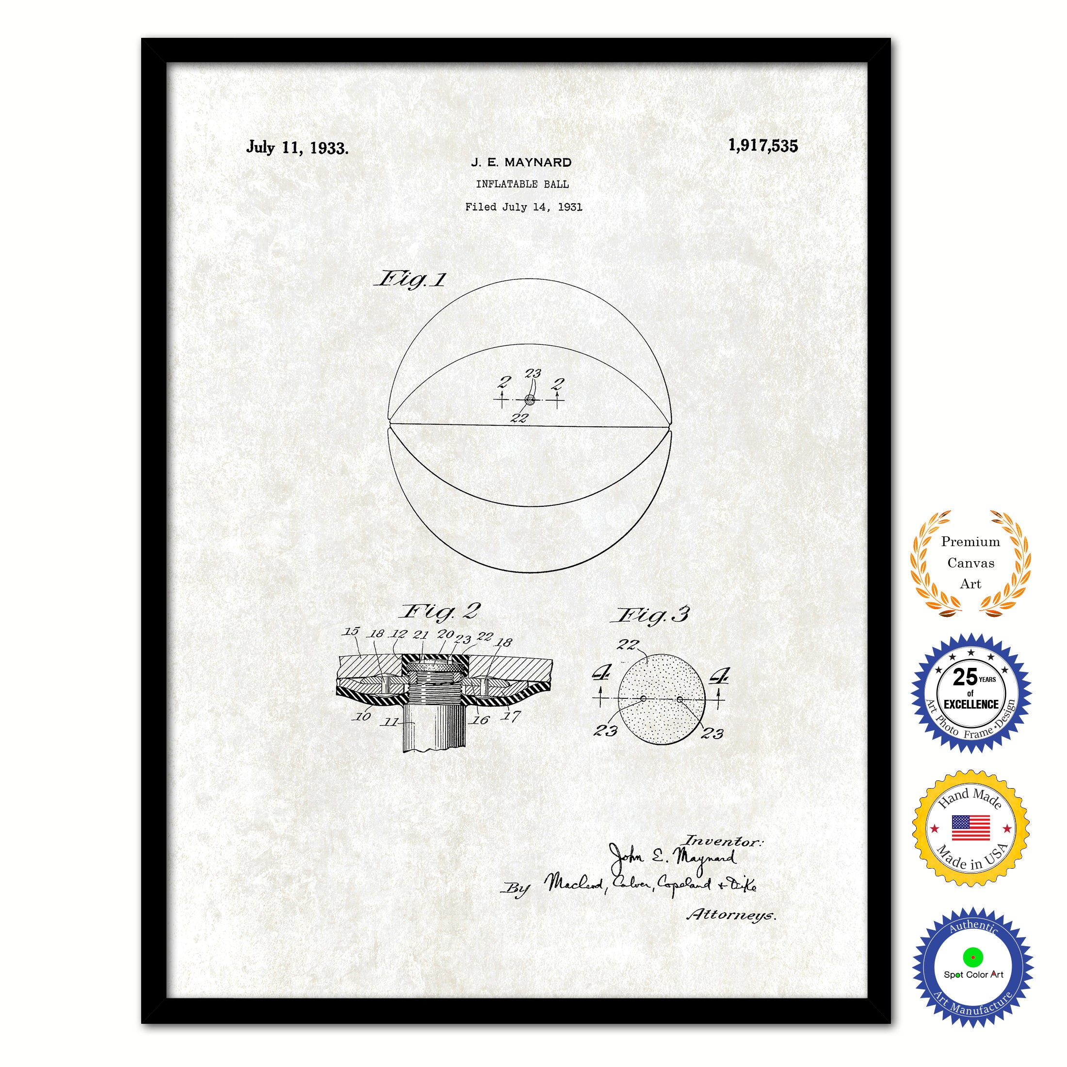 1933 Inflatable Ball Old Patent Art Print on Canvas Custom Framed Vintage Home Decor Wall Decoration Great for Gifts