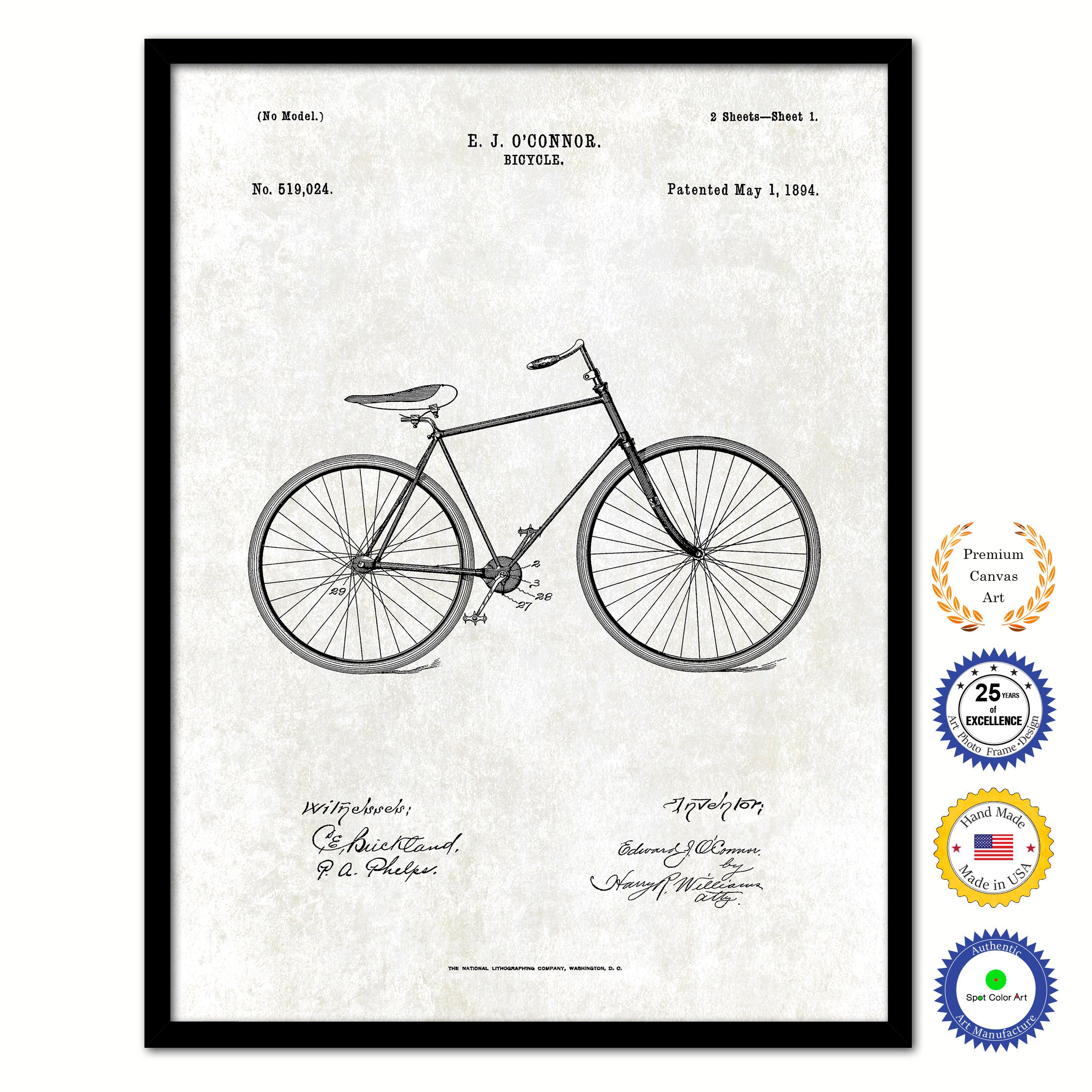 1894 Bicycle Old Patent Art Print on Canvas Custom Framed Vintage Home Decor Wall Decoration Great for Gifts
