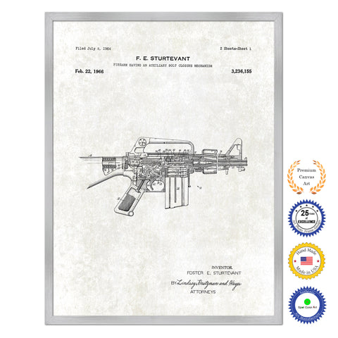1966 Auxiliary Bolt Closure for Machine Gun Old Patent Art Print on Canvas Custom Framed Vintage Home Decor Wall Decoration Great for Gifts