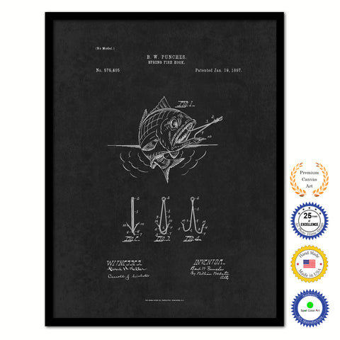 1897 Fishing Spring Fish Hook Vintage Patent Artwork Black Framed Canvas Home Office Decor Great for Fisherman Cabin Lake House