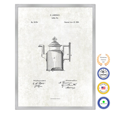 1869 Coffee Pot Antique Patent Artwork Silver Framed Canvas Print Home Office Decor Great for Coffee Lover Cafe Tea Shop