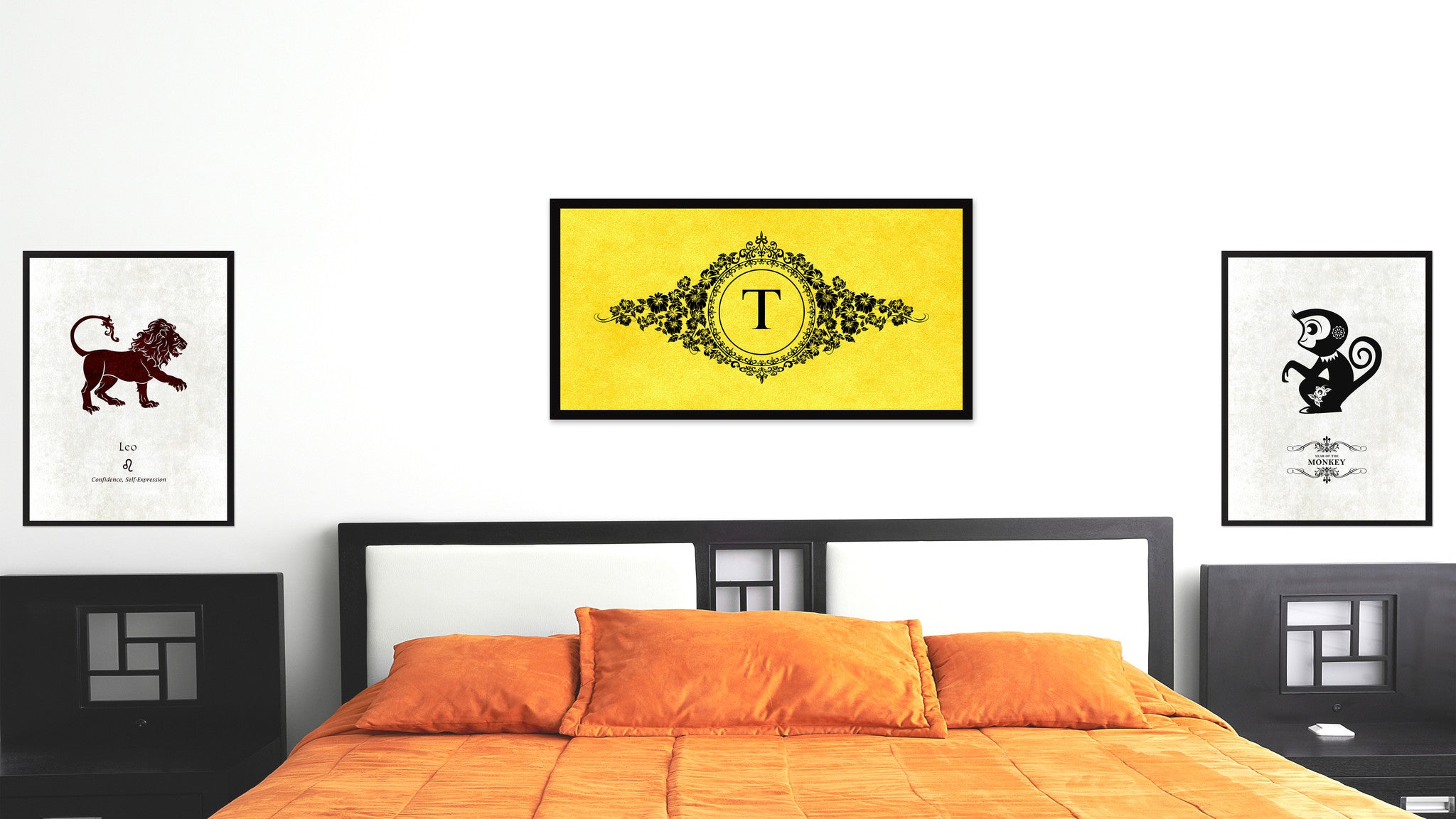 Alphabet Letter T Yellow Canvas Print, Black Custom Frame