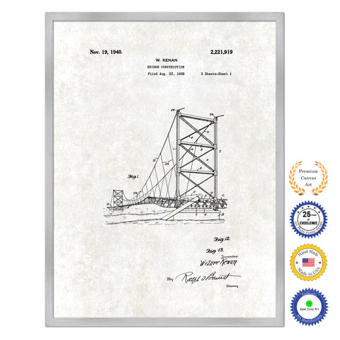 1940 Bridge Construction Antique Patent Artwork Silver Framed Canvas Print Home Office Decor Great Gift for Engineers Architects Construction Workers