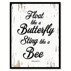 Float like a butterfly sting like a bee - Muhammad Ali Motivational Quote Saying Canvas Print with Picture Frame Home Decor Wall Art, White