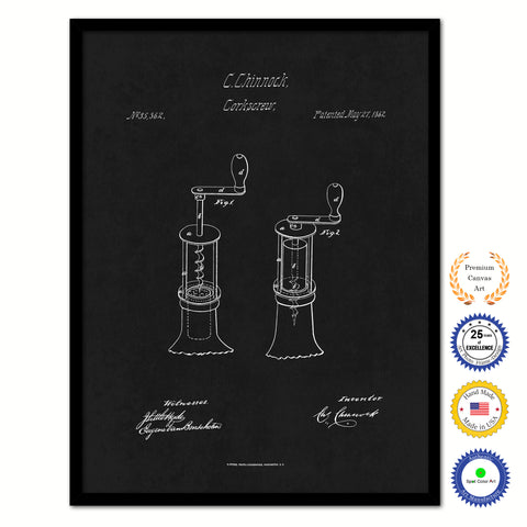 1862 Wine Corkscrew Old Patent Art Print on Canvas Custom Framed Vintage Home Decor Wall Decoration Great for Gifts